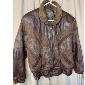 Patchwork Leather Bomber Jacket Suede Paisley Brown Zip Up Collar Vintage Size M
